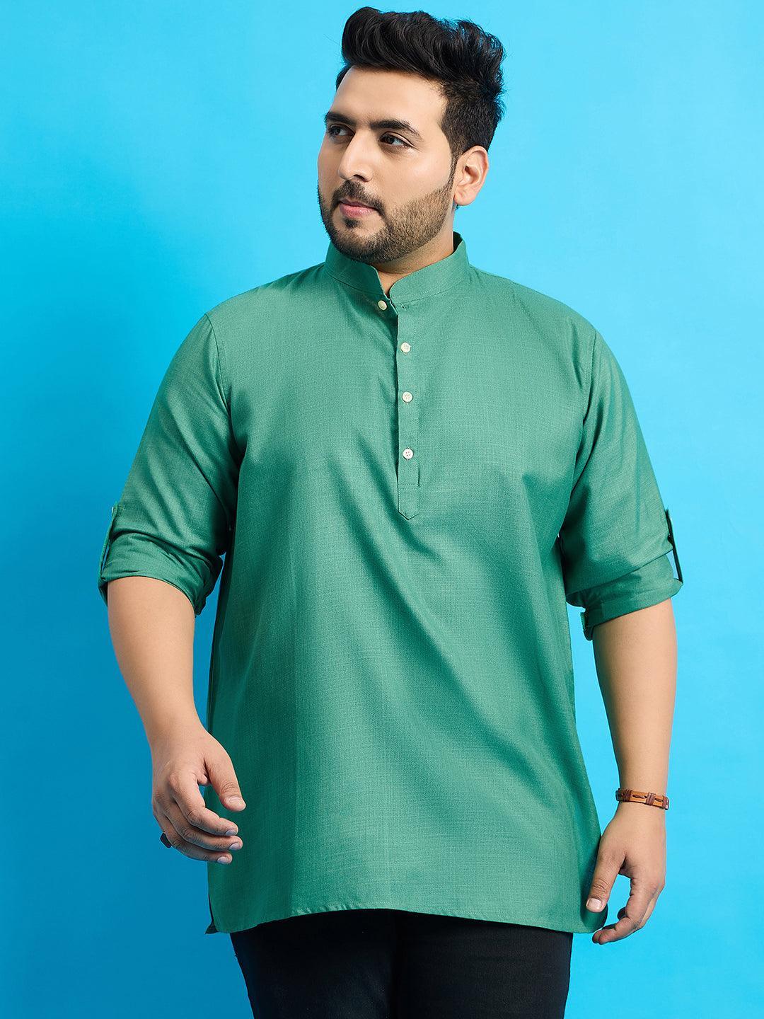 Men Plus Size Pollan-Green Solid Short Kurta - bigbanana