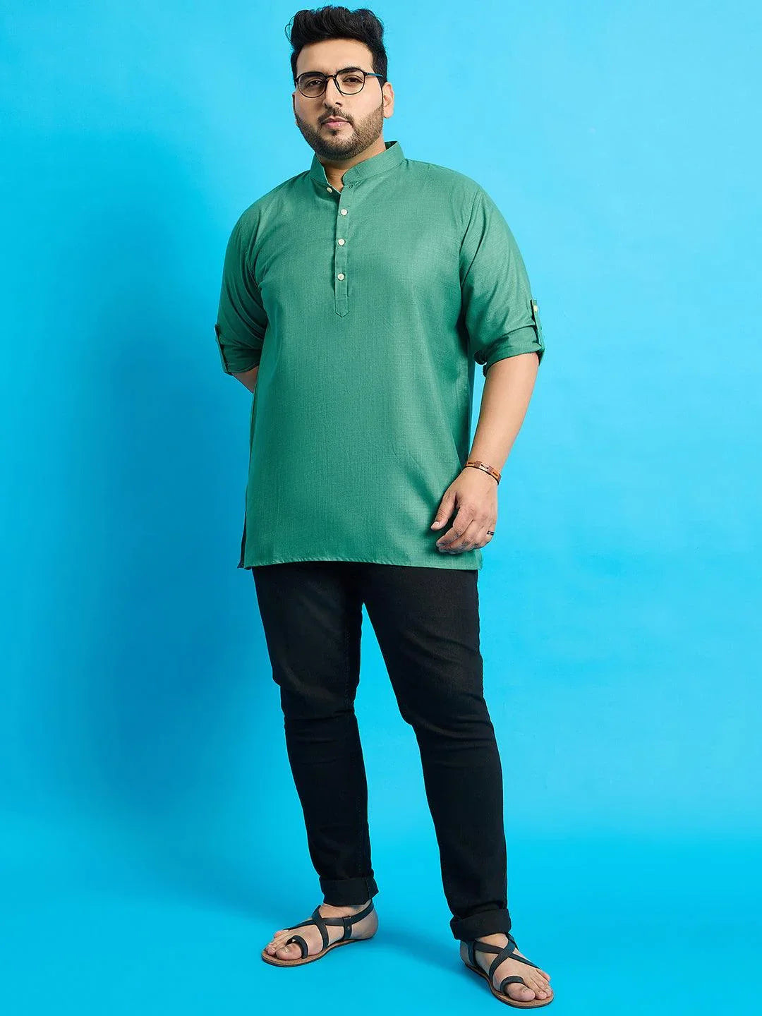 Men Plus Size Pollan-Green Solid Short Kurta - bigbanana