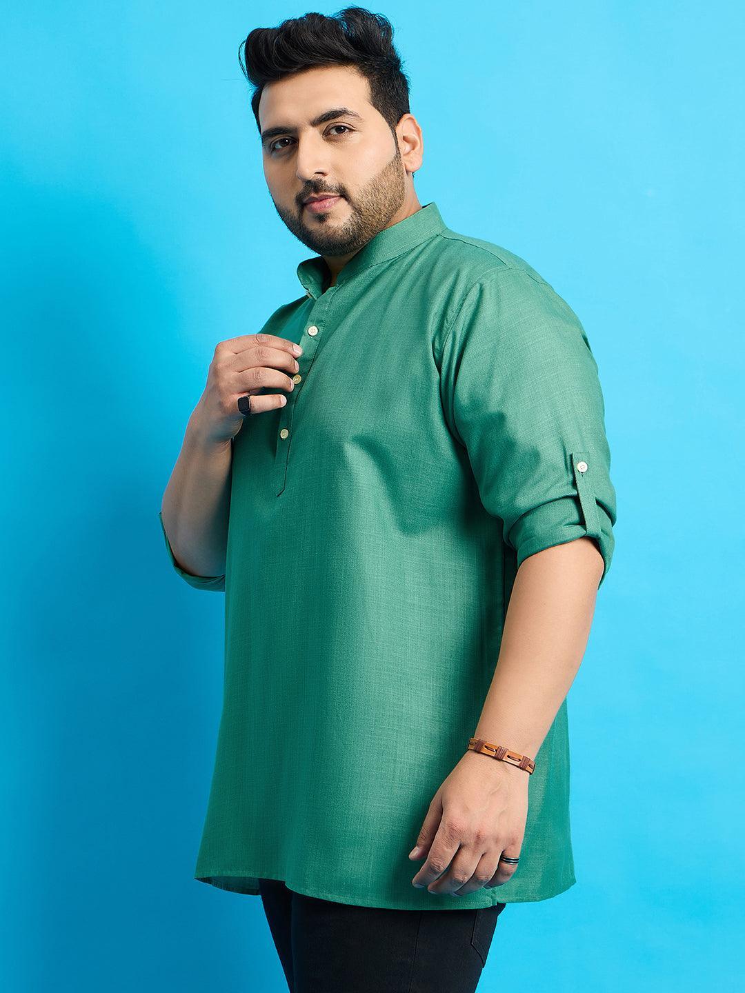 Men Plus Size Pollan-Green Solid Short Kurta - bigbanana