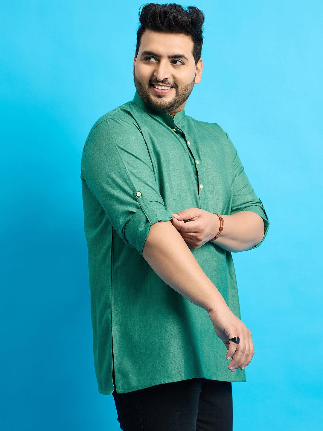 Men Plus Size Pollan-Green Solid Short Kurta - bigbanana