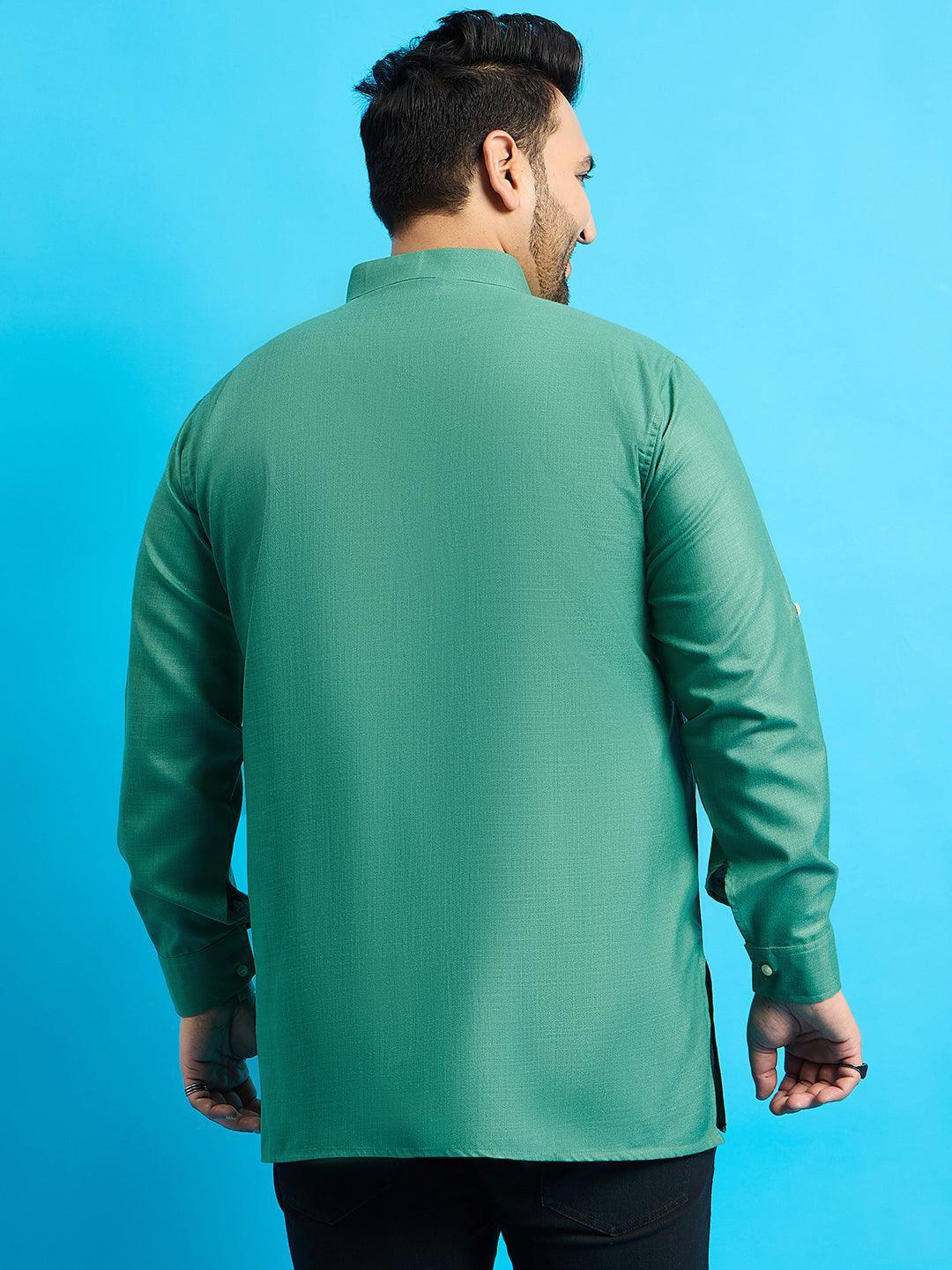 Men Plus Size Pollan-Green Solid Short Kurta - bigbanana