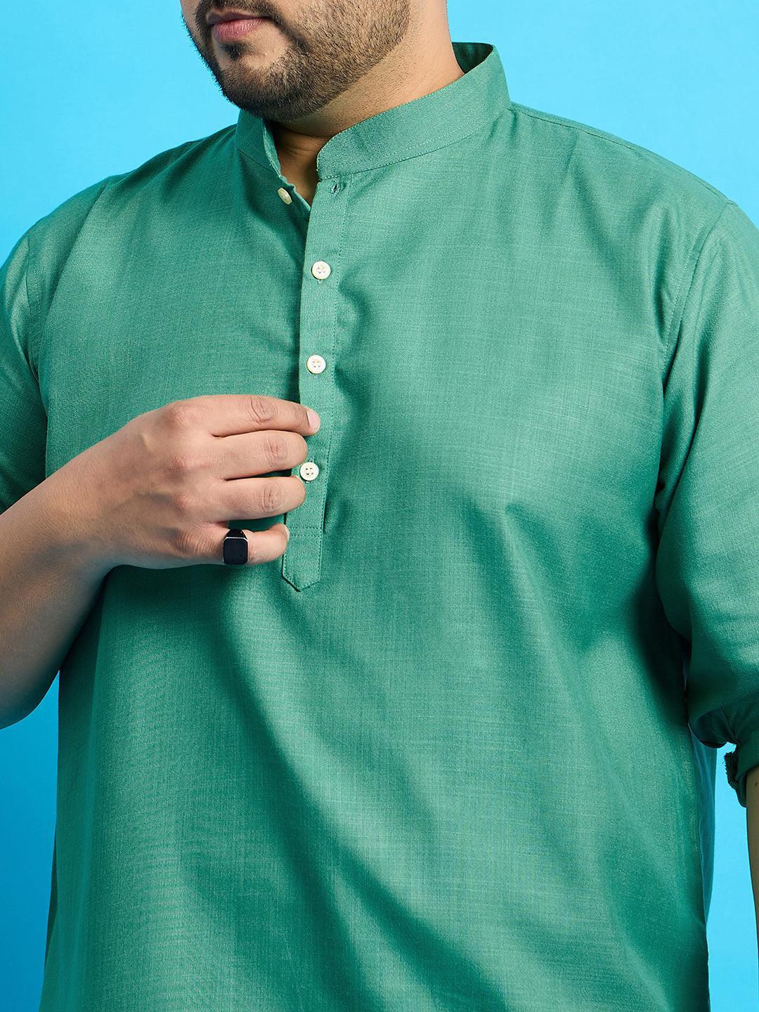 Men Plus Size Pollan-Green Solid Short Kurta - bigbanana