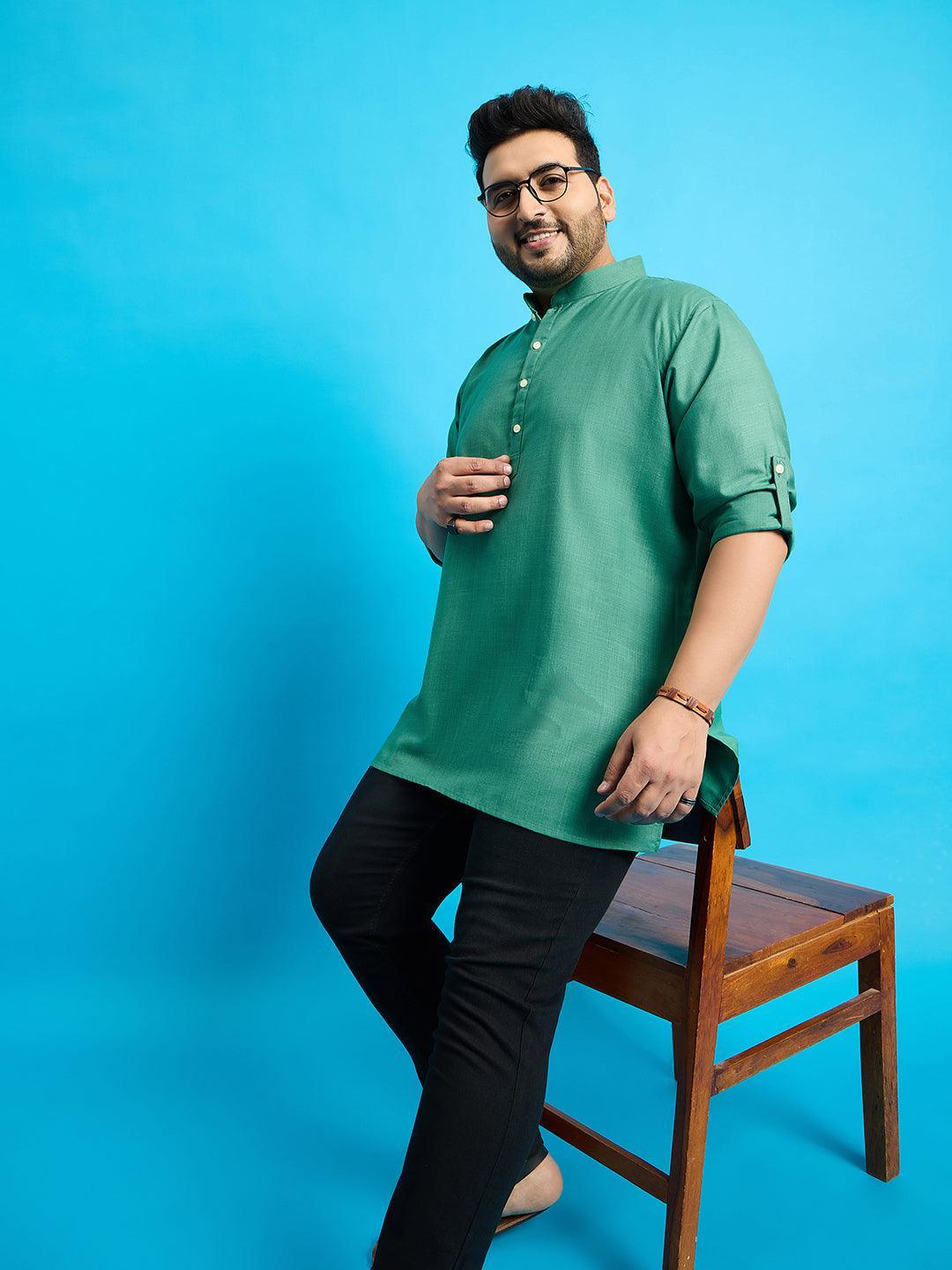 Men Plus Size Pollan-Green Solid Short Kurta - bigbanana