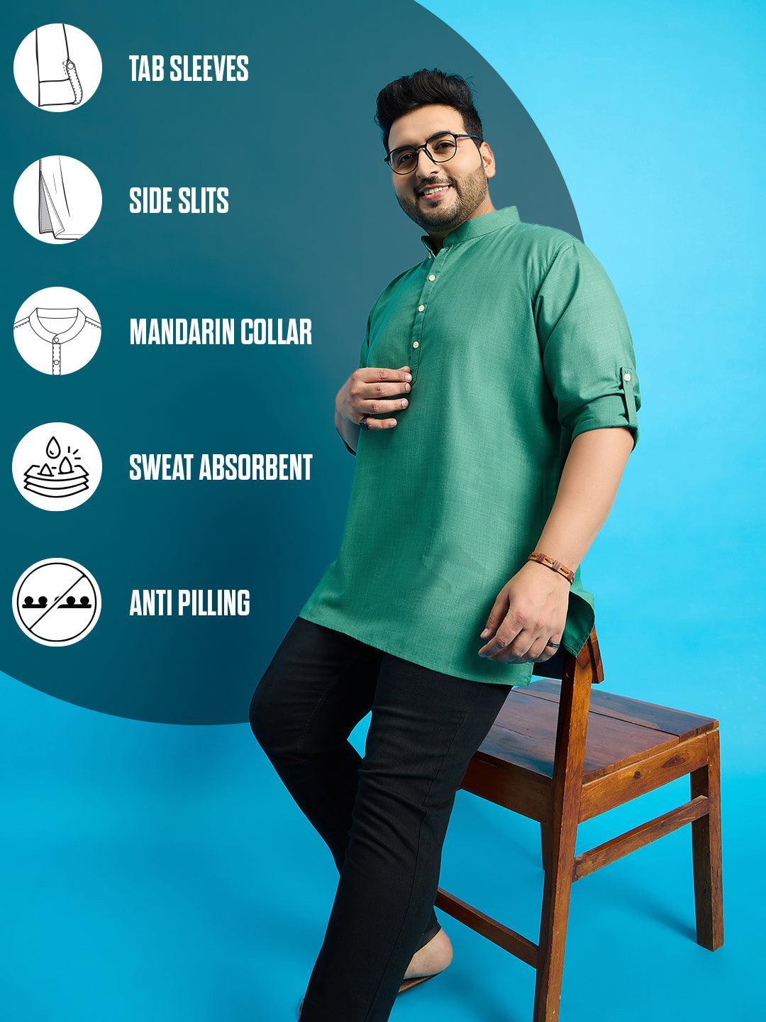 Men Plus Size Pollan-Green Solid Short Kurta - bigbanana