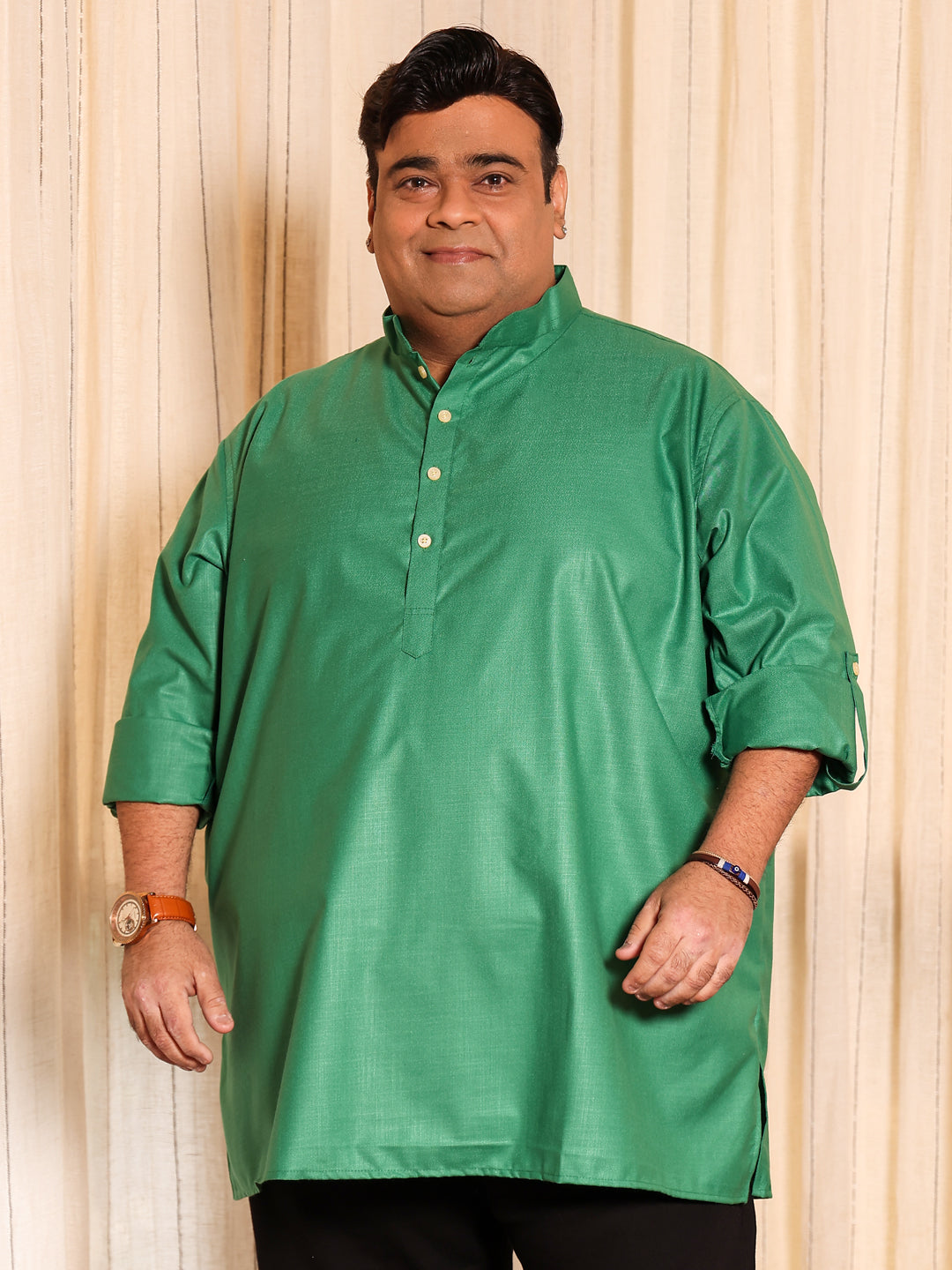 Men Plus Size Pollan-Green Solid Short Kurta - bigbanana