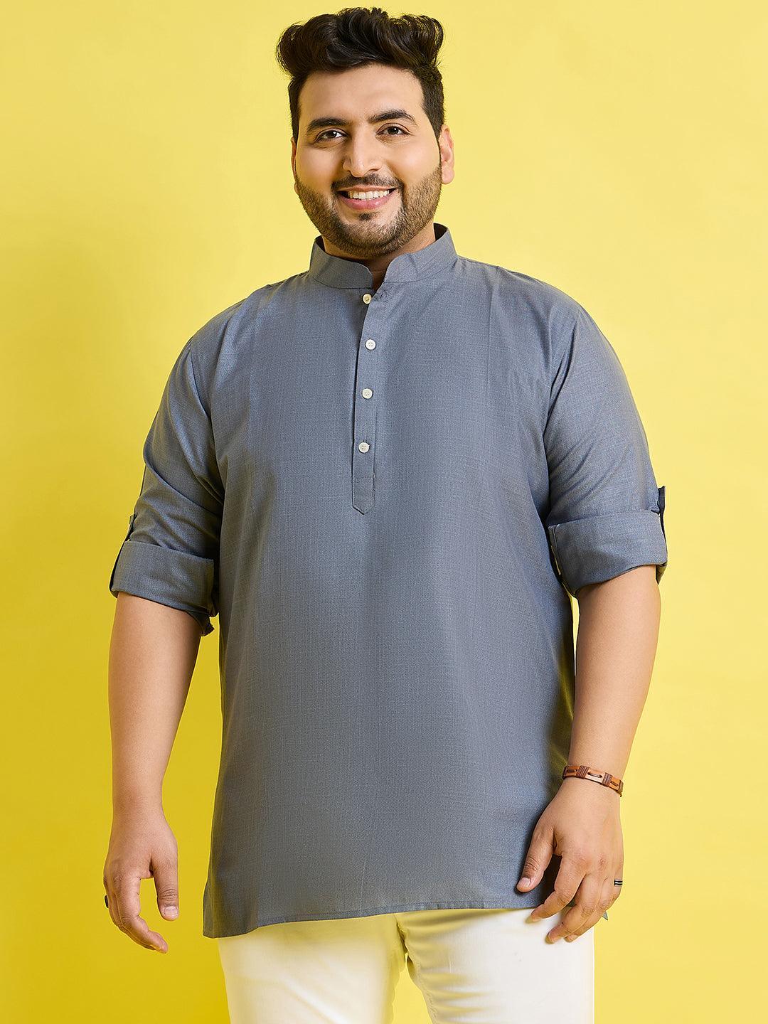 Men Plus Size Pollan-Grey Solid Short Kurta - bigbanana