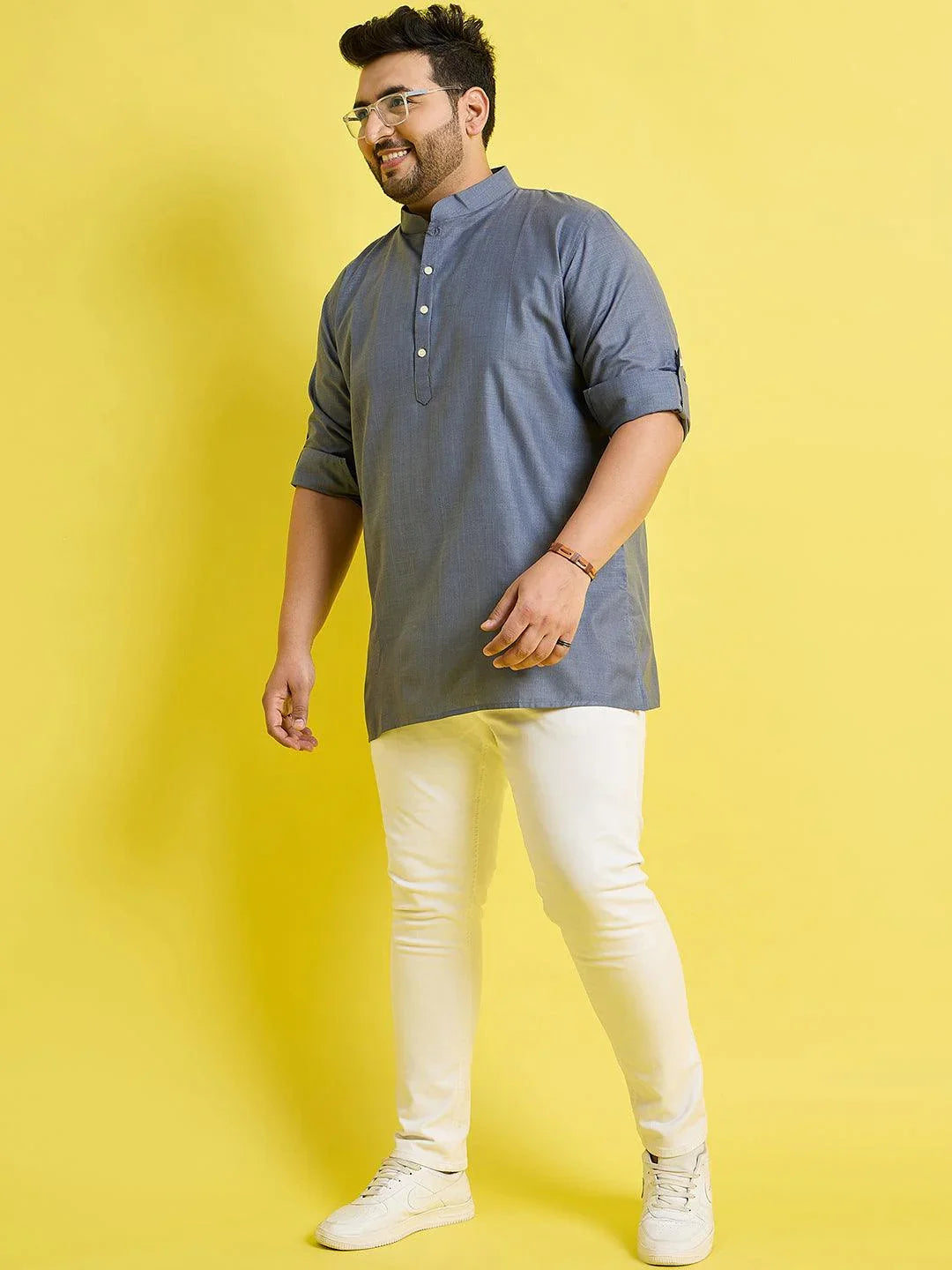 Men Plus Size Pollan-Grey Solid Short Kurta - bigbanana