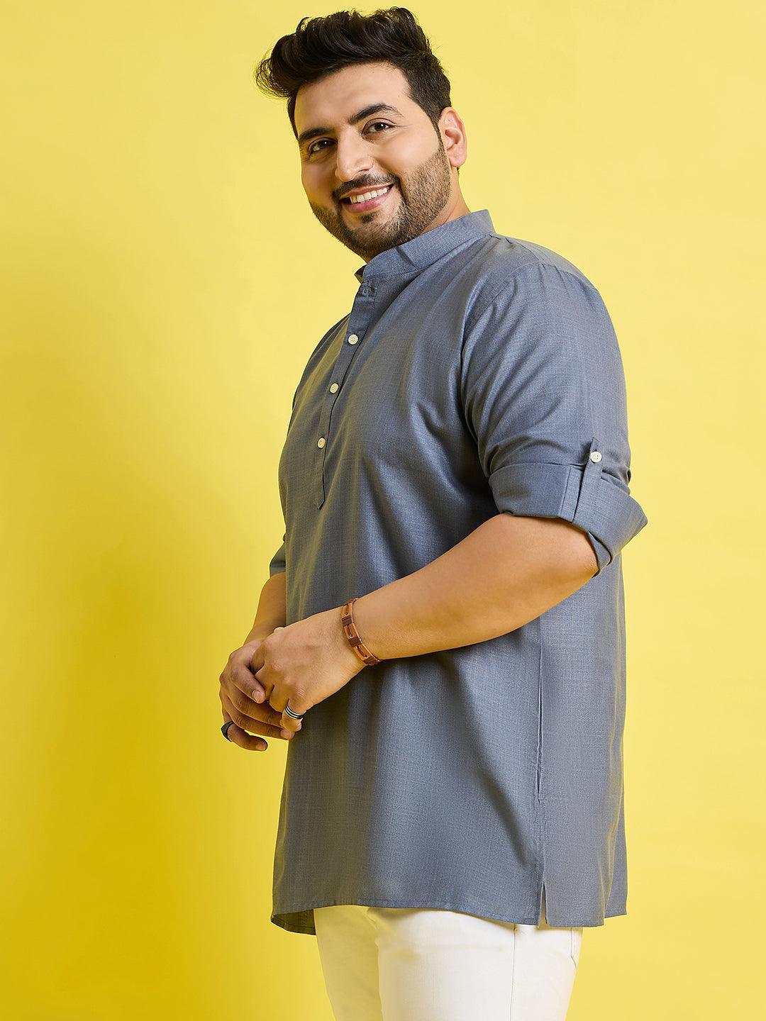 Men Plus Size Pollan-Grey Solid Short Kurta - bigbanana