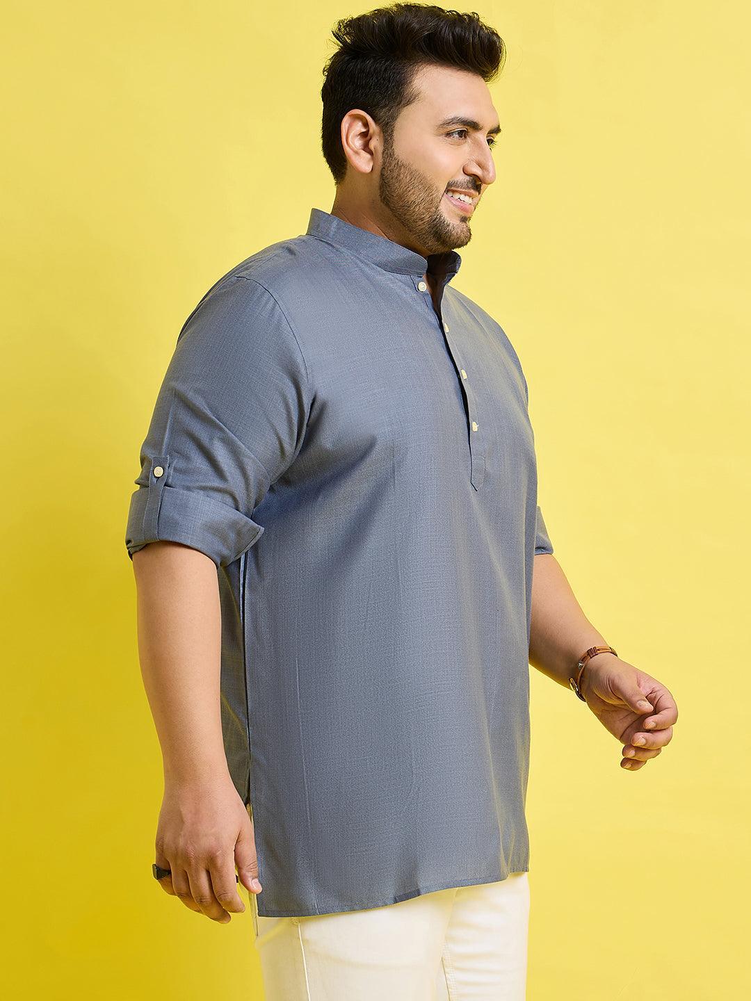 Men Plus Size Pollan-Grey Solid Short Kurta - bigbanana