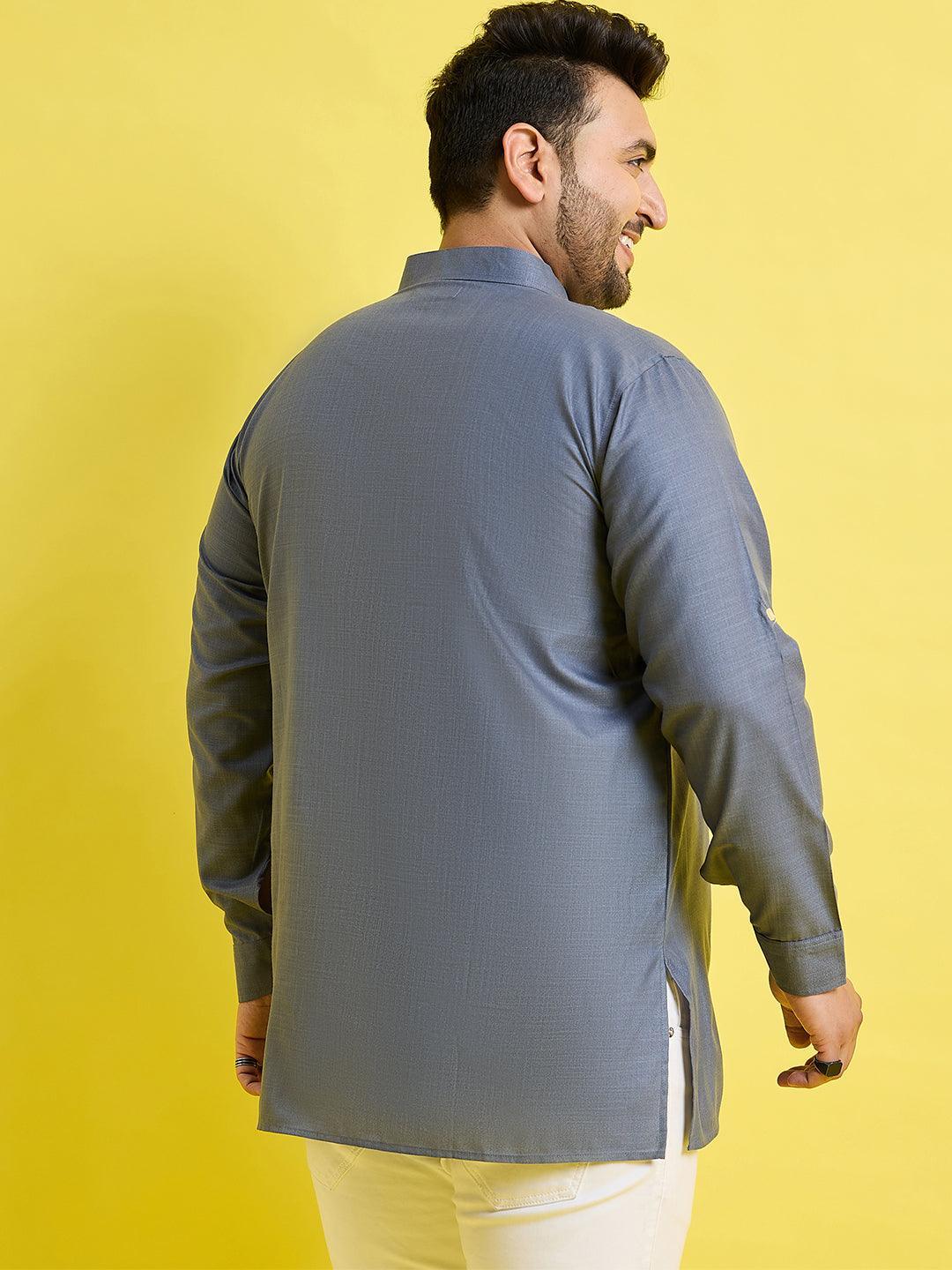 Men Plus Size Pollan-Grey Solid Short Kurta - bigbanana