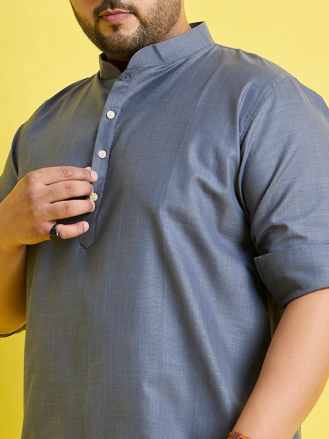 Men Plus Size Pollan-Grey Solid Short Kurta - bigbanana