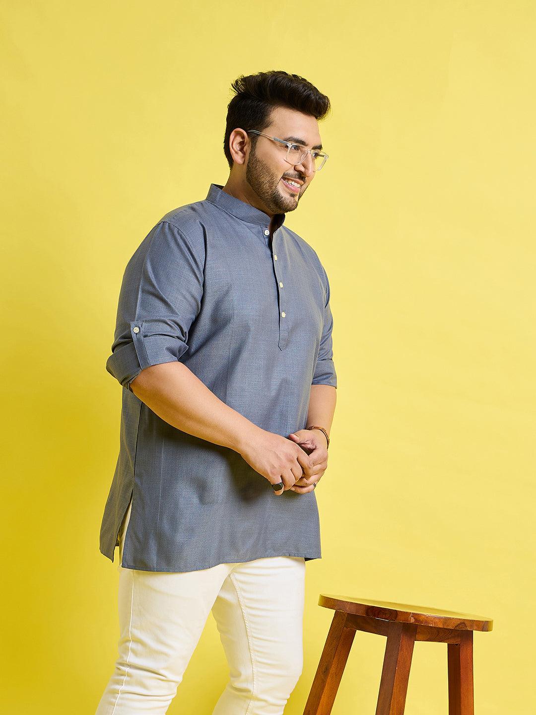 Men Plus Size Pollan-Grey Solid Short Kurta - bigbanana