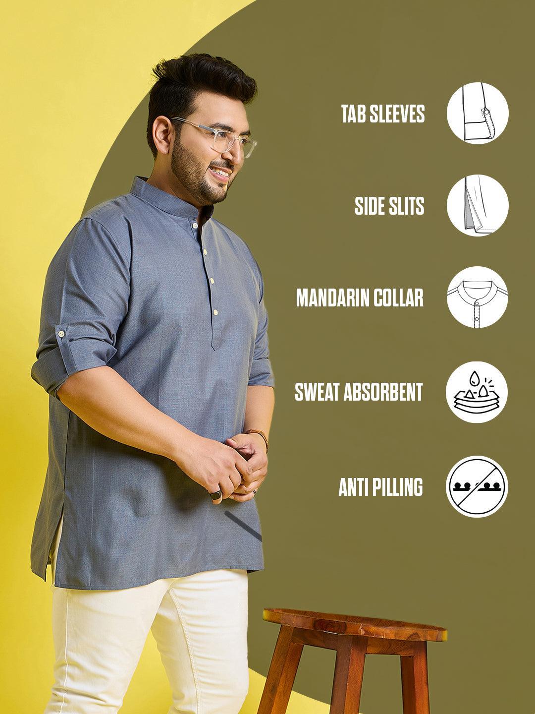 Men Plus Size Pollan-Grey Solid Short Kurta - bigbanana