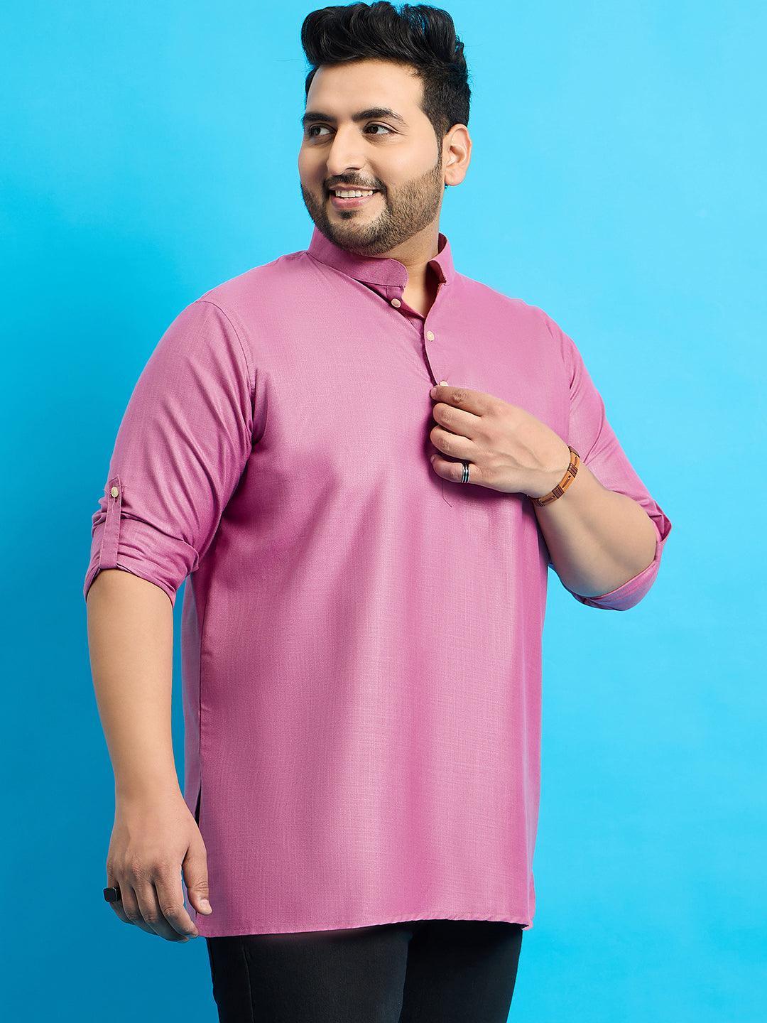 Men Plus Size Pollan-Pink Solid Short Kurta - bigbanana