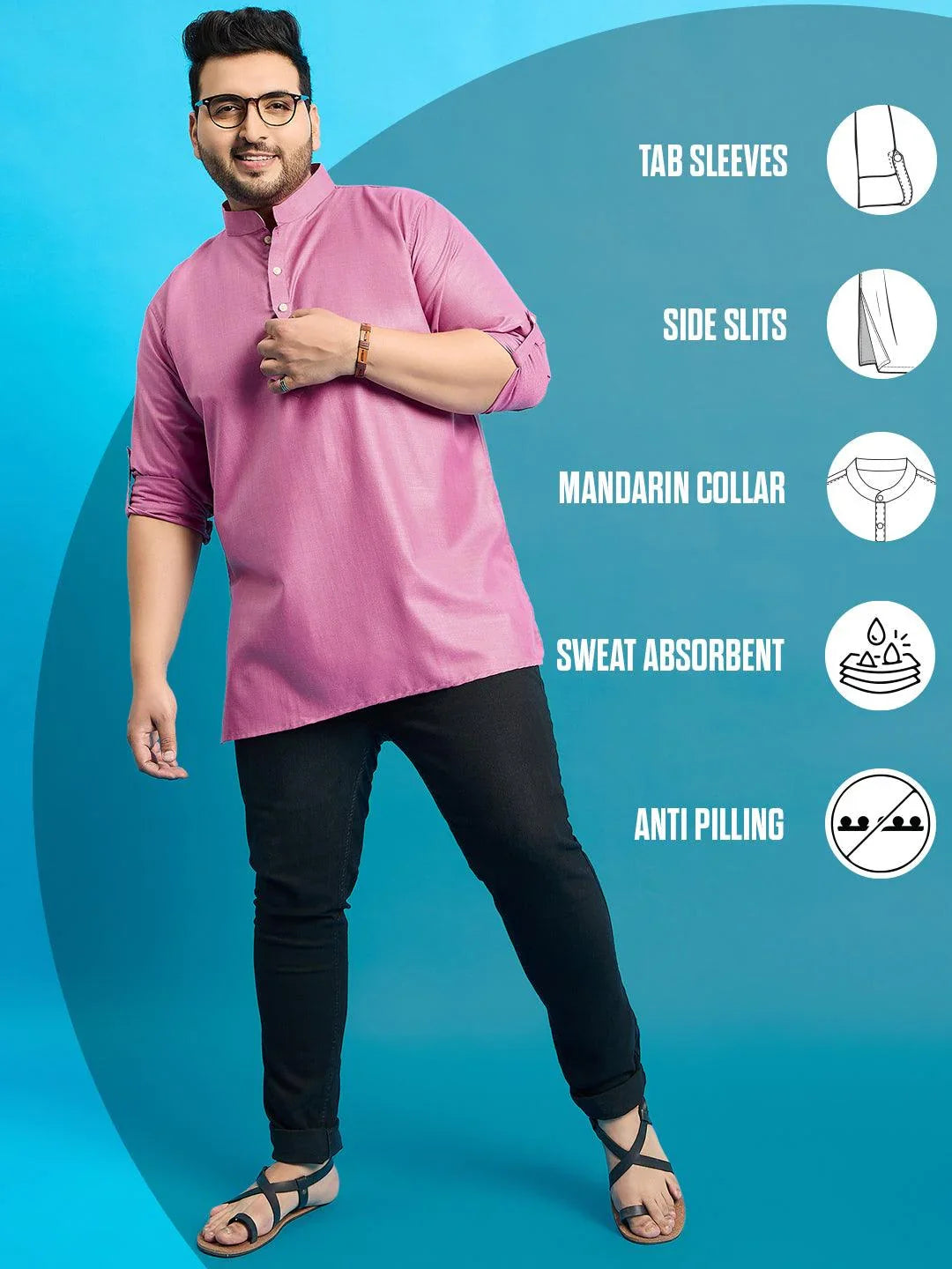 Men Plus Size Pollan-Pink Solid Short Kurta - bigbanana