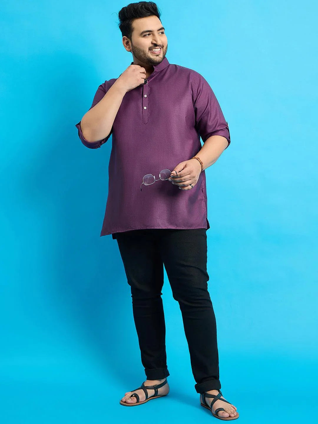 Men Plus Size Pollan-Purple Solid Short Kurta - bigbanana
