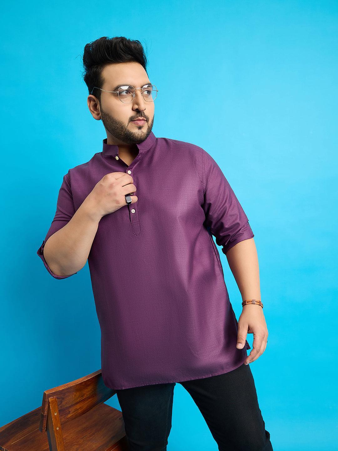 Men Plus Size Pollan-Purple Solid Short Kurta - bigbanana