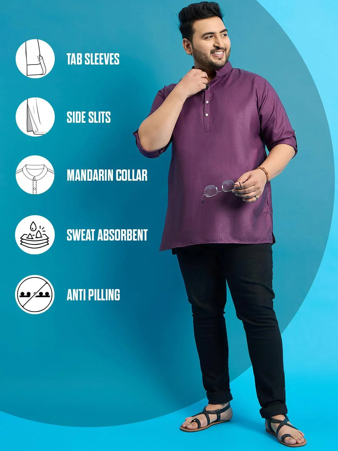 Men Plus Size Pollan-Purple Solid Short Kurta - bigbanana