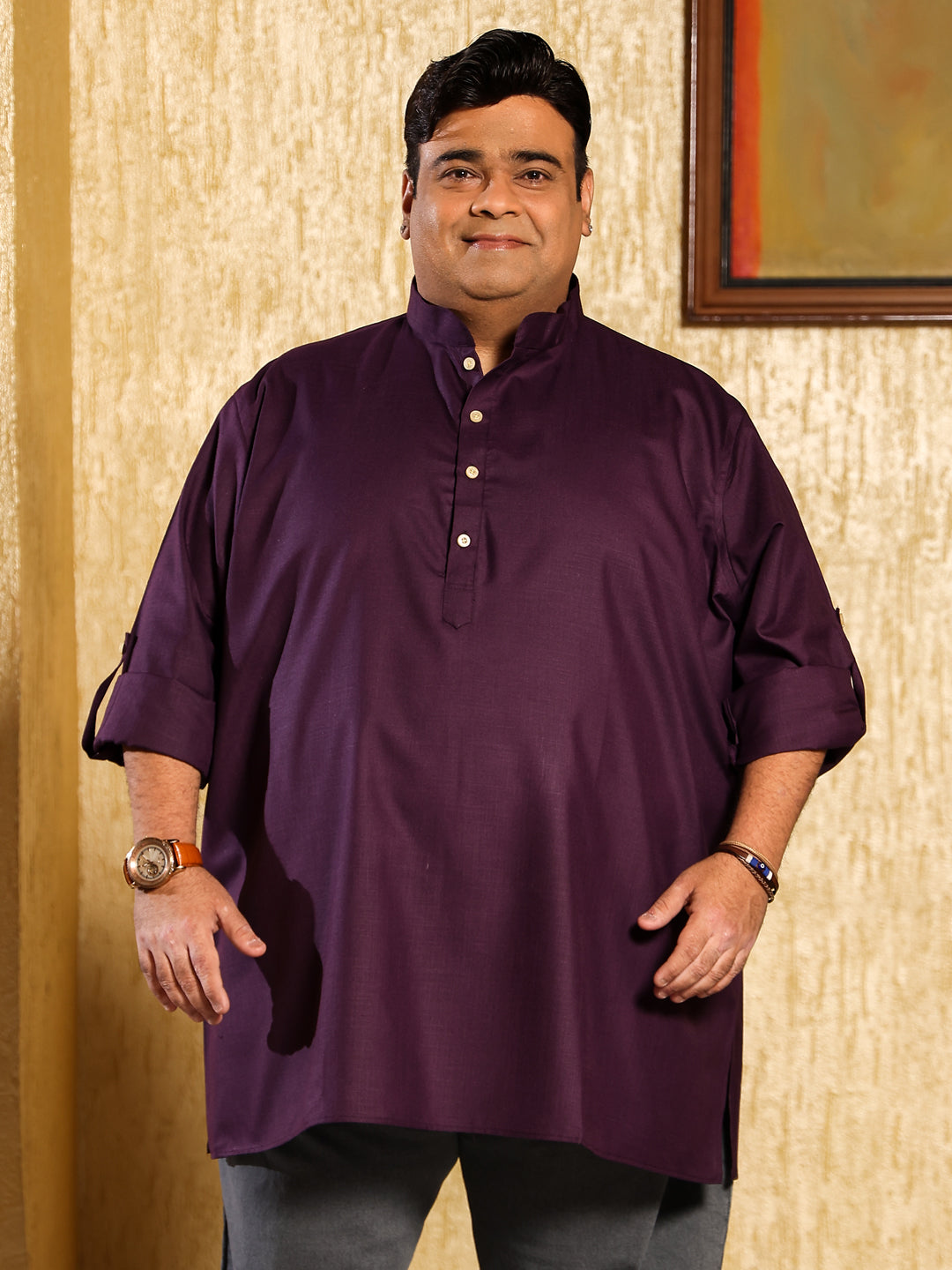 Men Plus Size Pollan-Purple Solid Short Kurta - bigbanana