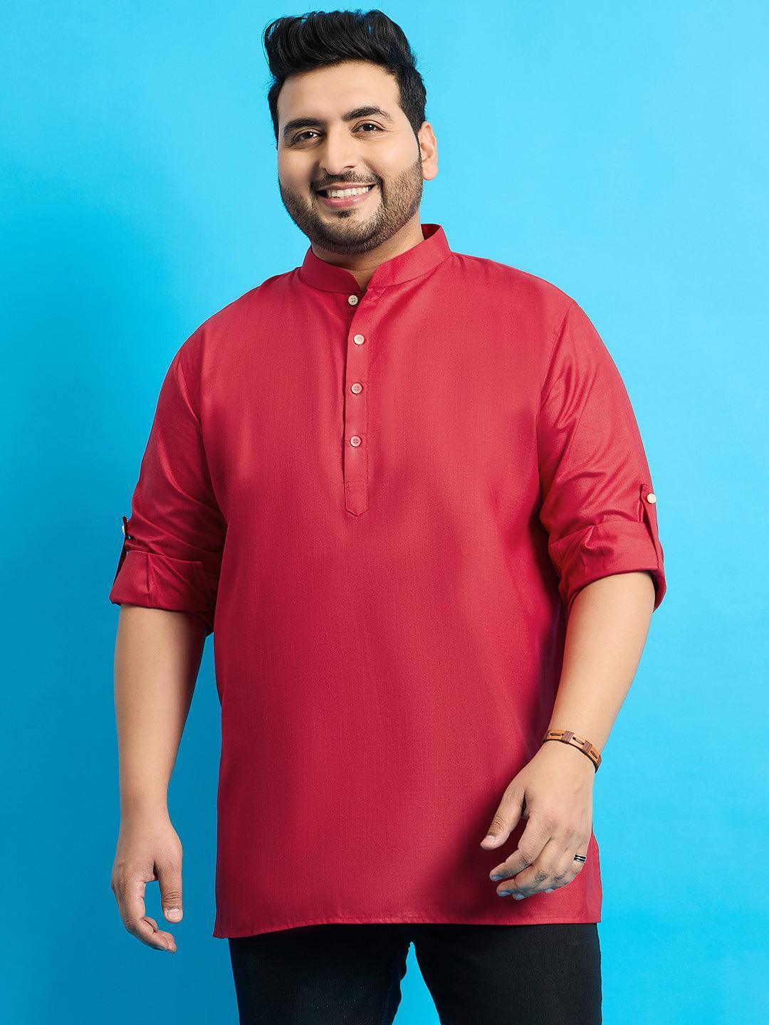 Men Plus Size Pollan-Red Solid Short Kurta - bigbanana