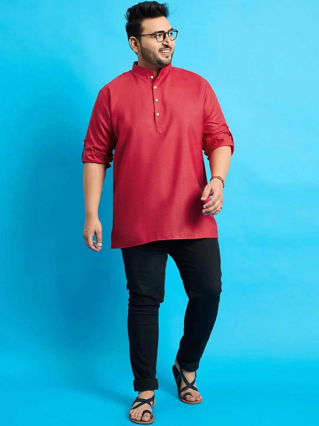 Men Plus Size Pollan-Red Solid Short Kurta - bigbanana