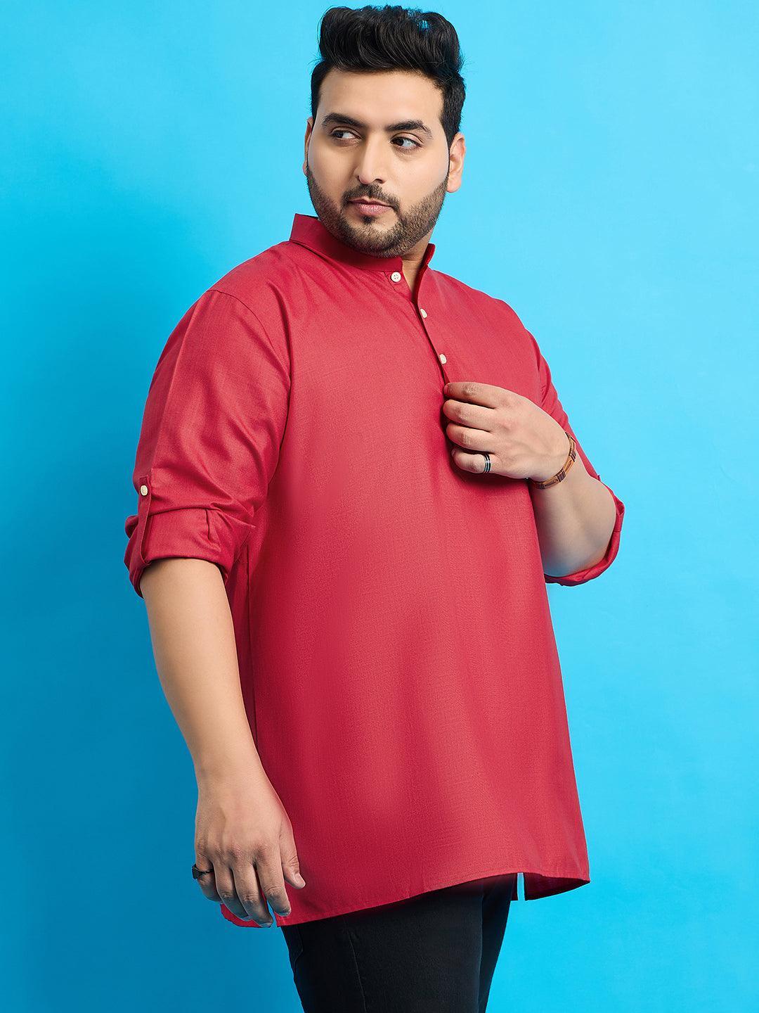 Men Plus Size Pollan-Red Solid Short Kurta - bigbanana