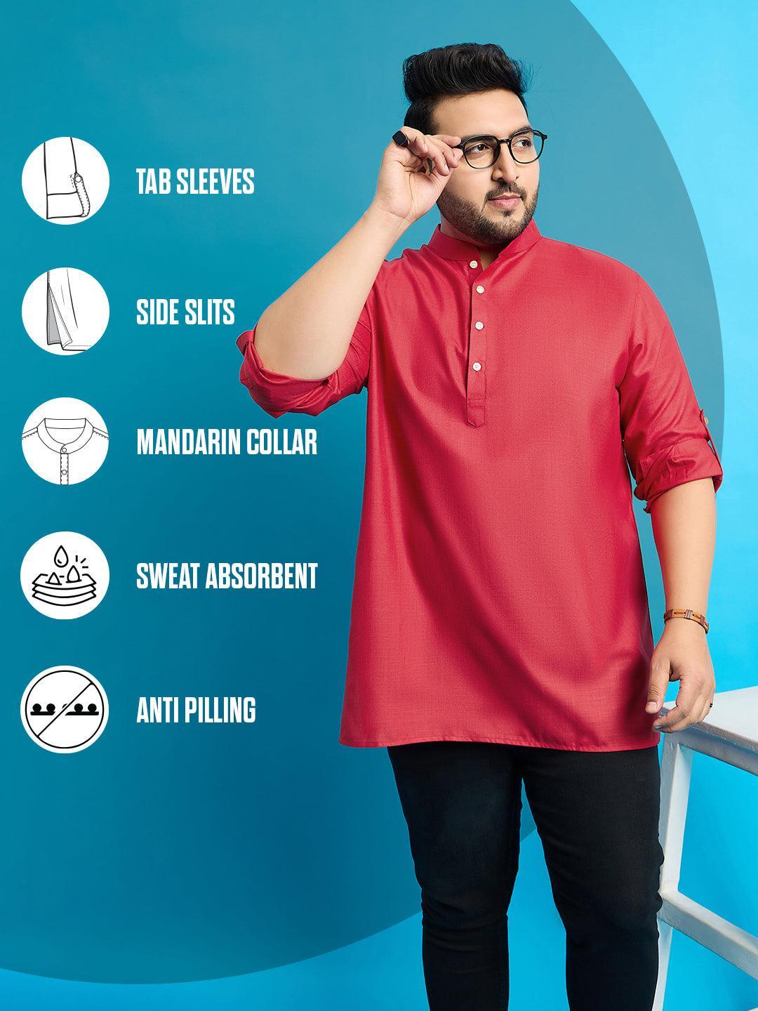 Men Plus Size Pollan-Red Solid Short Kurta - bigbanana