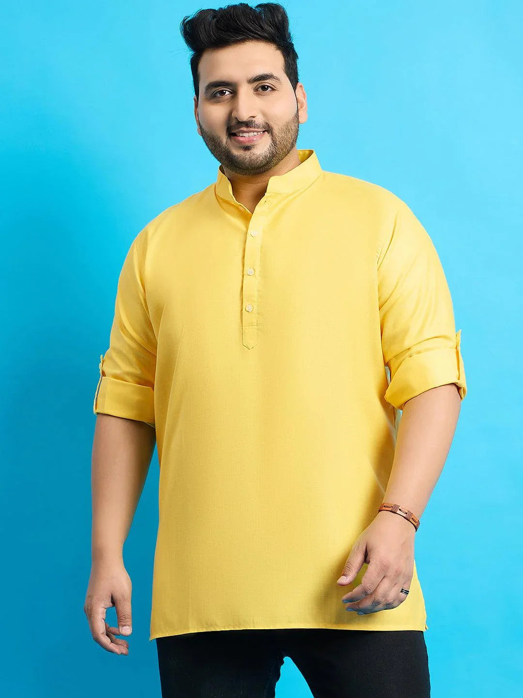 Men Plus Size Pollan-Yellow Solid Short Kurta - bigbanana