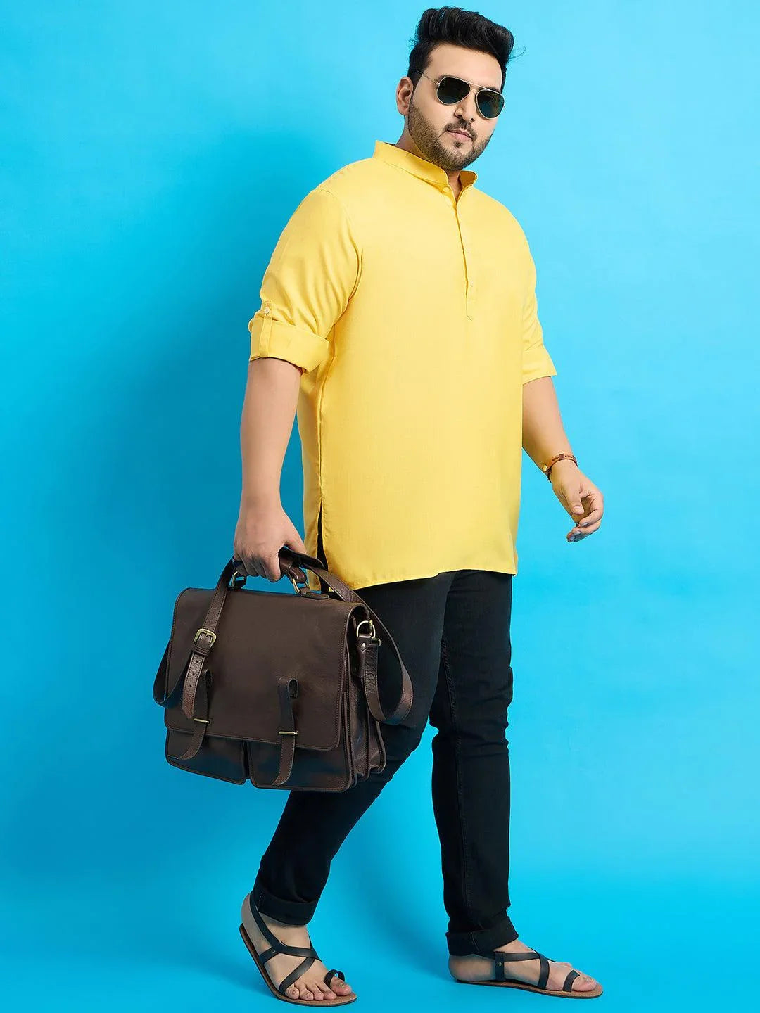 Men Plus Size Pollan-Yellow Solid Short Kurta - bigbanana