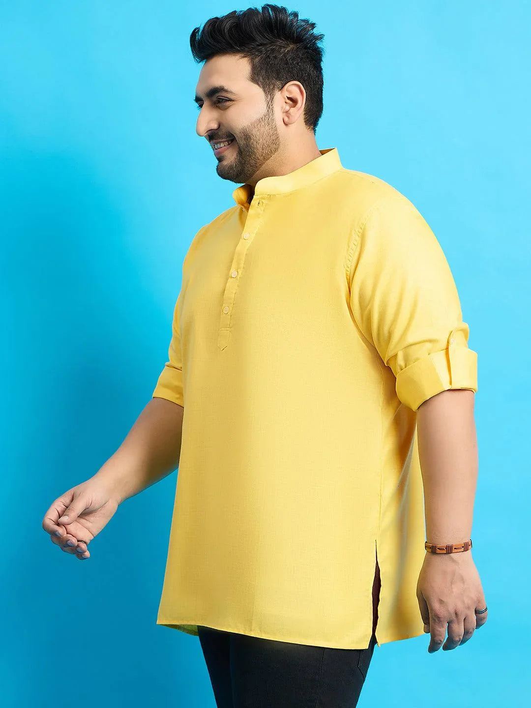 Men Plus Size Pollan-Yellow Solid Short Kurta - bigbanana