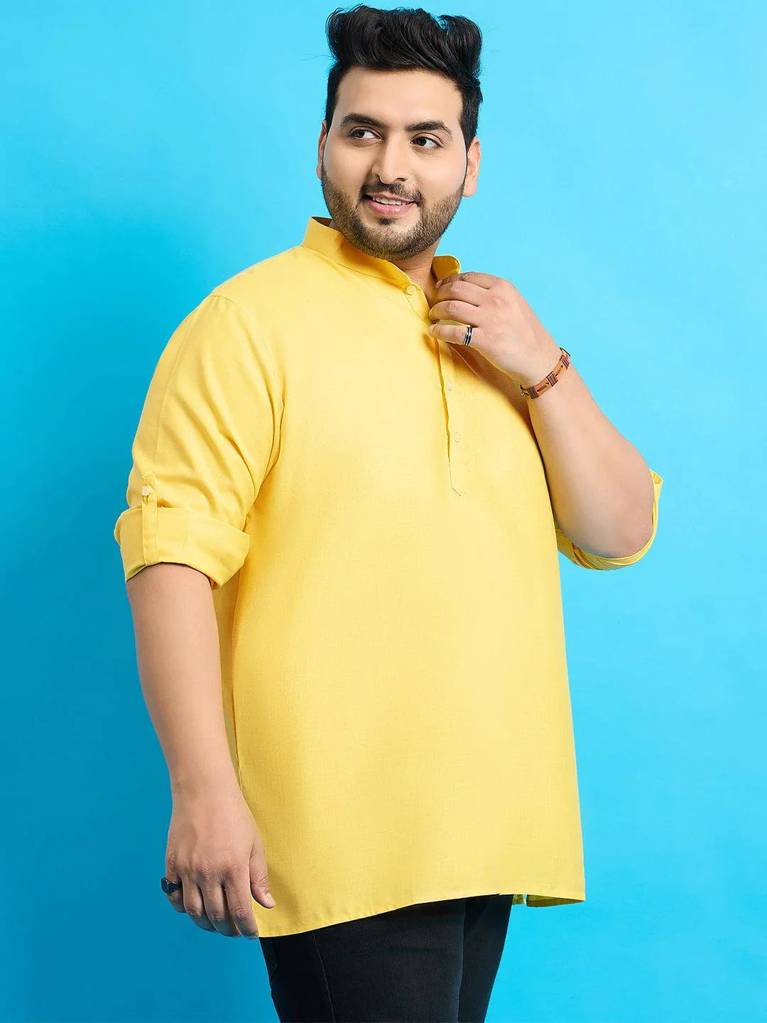 Men Plus Size Pollan-Yellow Solid Short Kurta - bigbanana