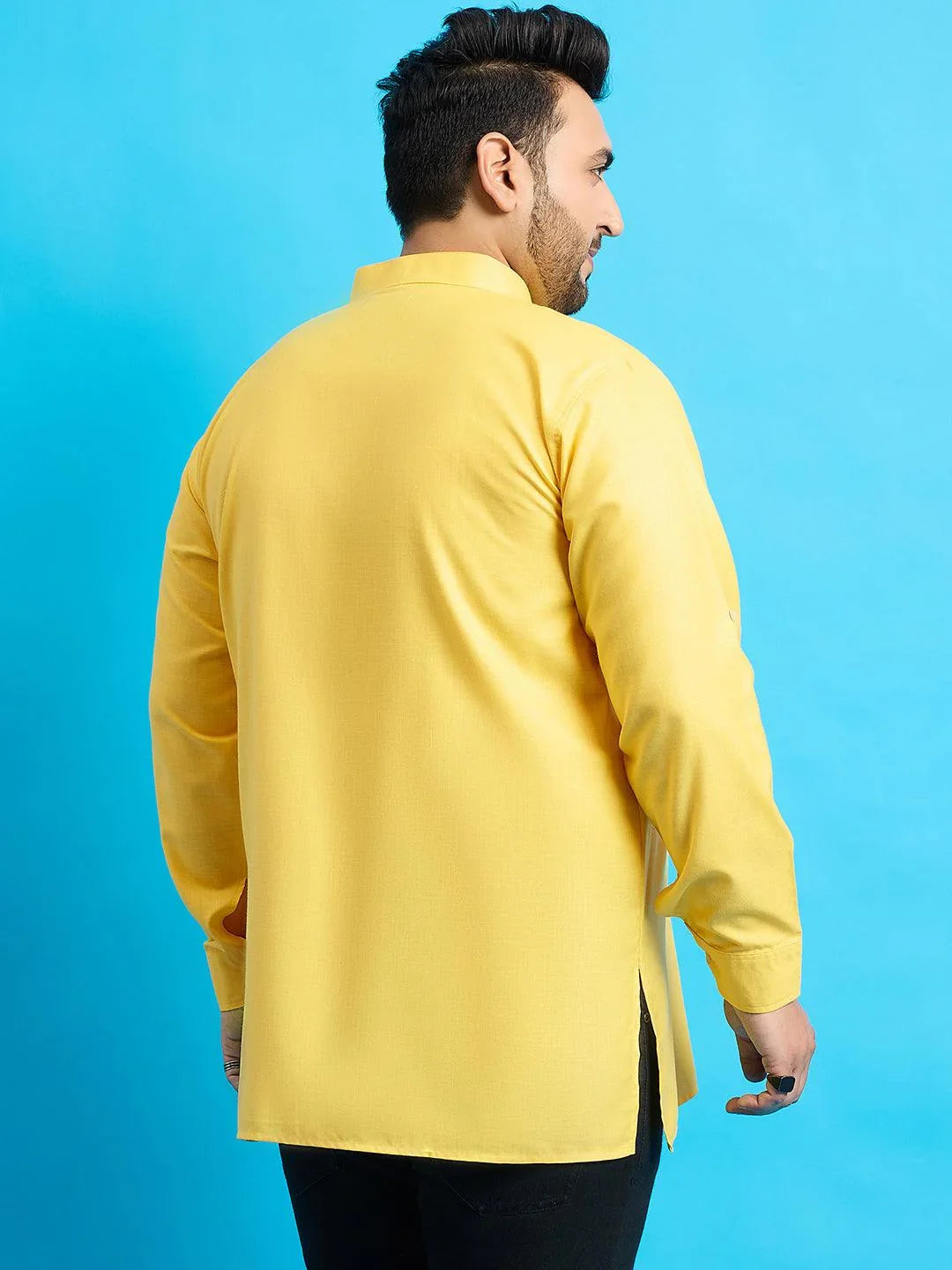 Men Plus Size Pollan-Yellow Solid Short Kurta - bigbanana