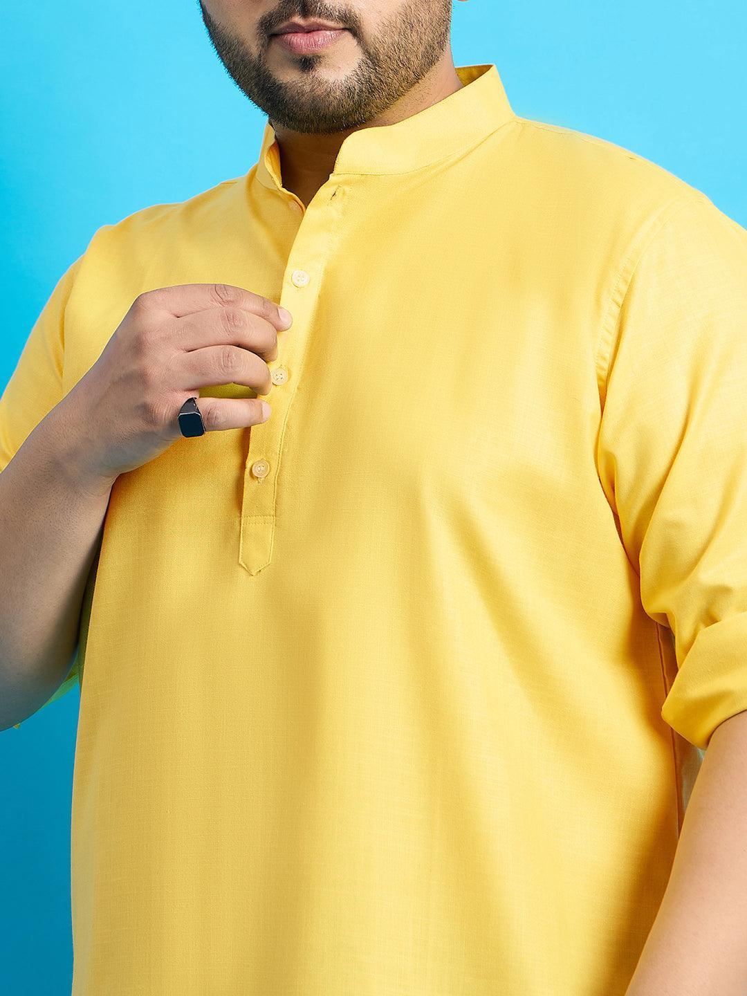 Men Plus Size Pollan-Yellow Solid Short Kurta - bigbanana