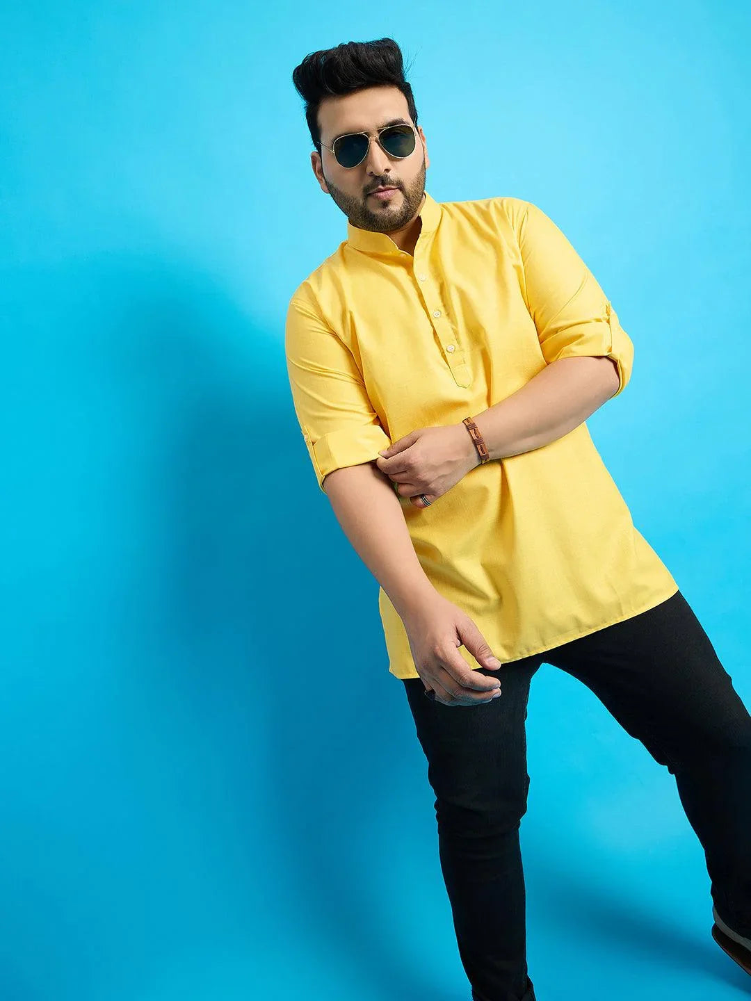 Men Plus Size Pollan-Yellow Solid Short Kurta - bigbanana