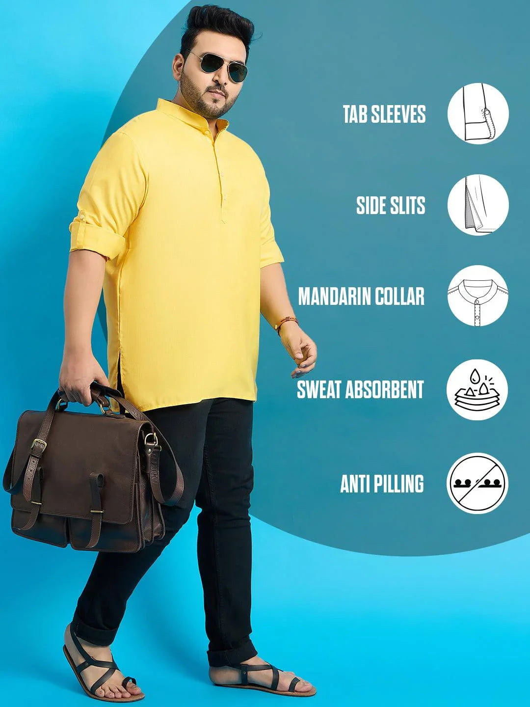 Men Plus Size Pollan-Yellow Solid Short Kurta - bigbanana