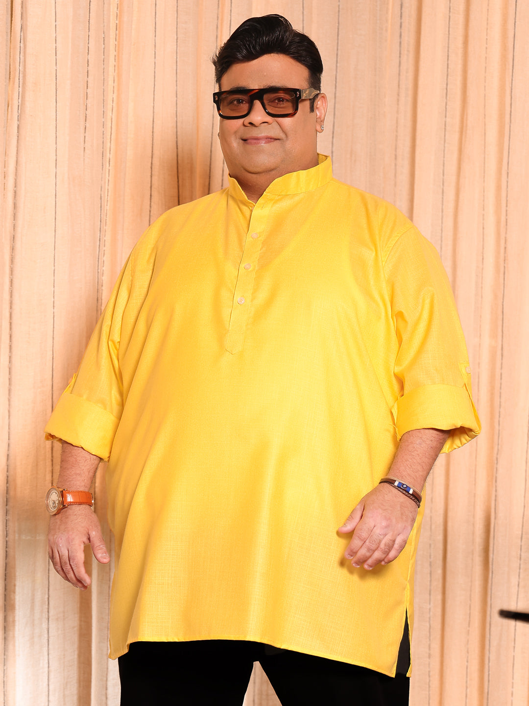 Men Plus Size Pollan-Yellow Solid Short Kurta - bigbanana