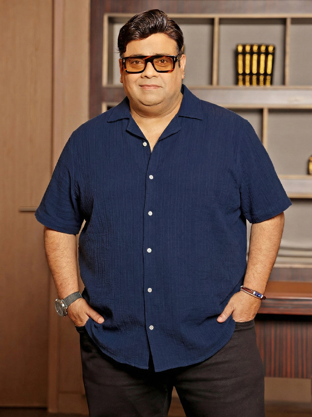 Men Plus Size Popper Navy Solid Casual Shirt