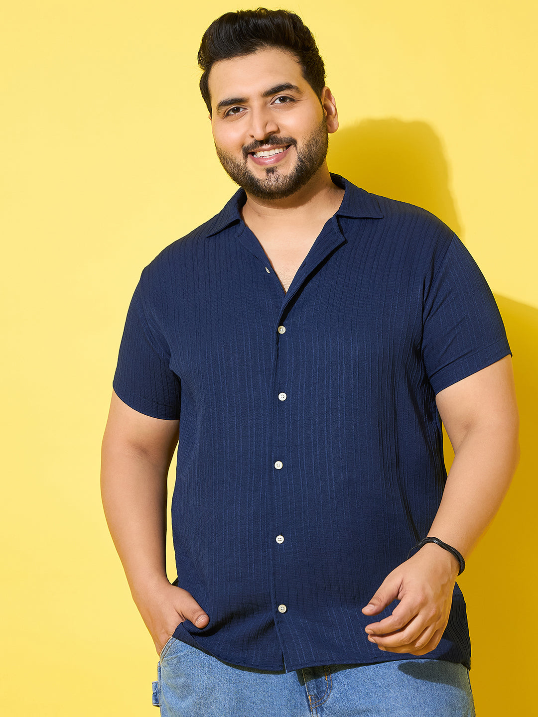 Men Plus Size Popper Navy Solid Casual Shirt