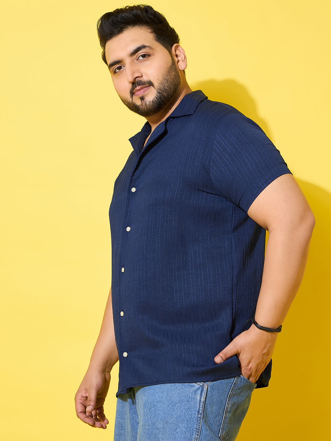 Men Plus Size Popper Navy Solid Casual Shirt