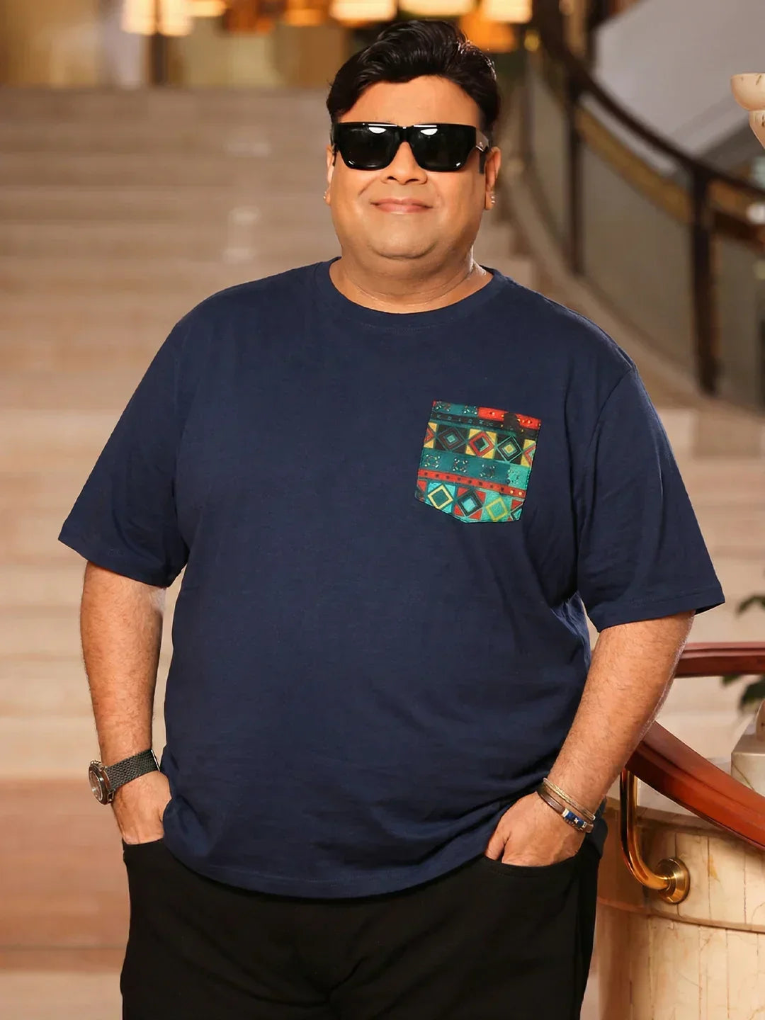 Men Plus Size Pouch Navy Printed Round Neck Tshirt