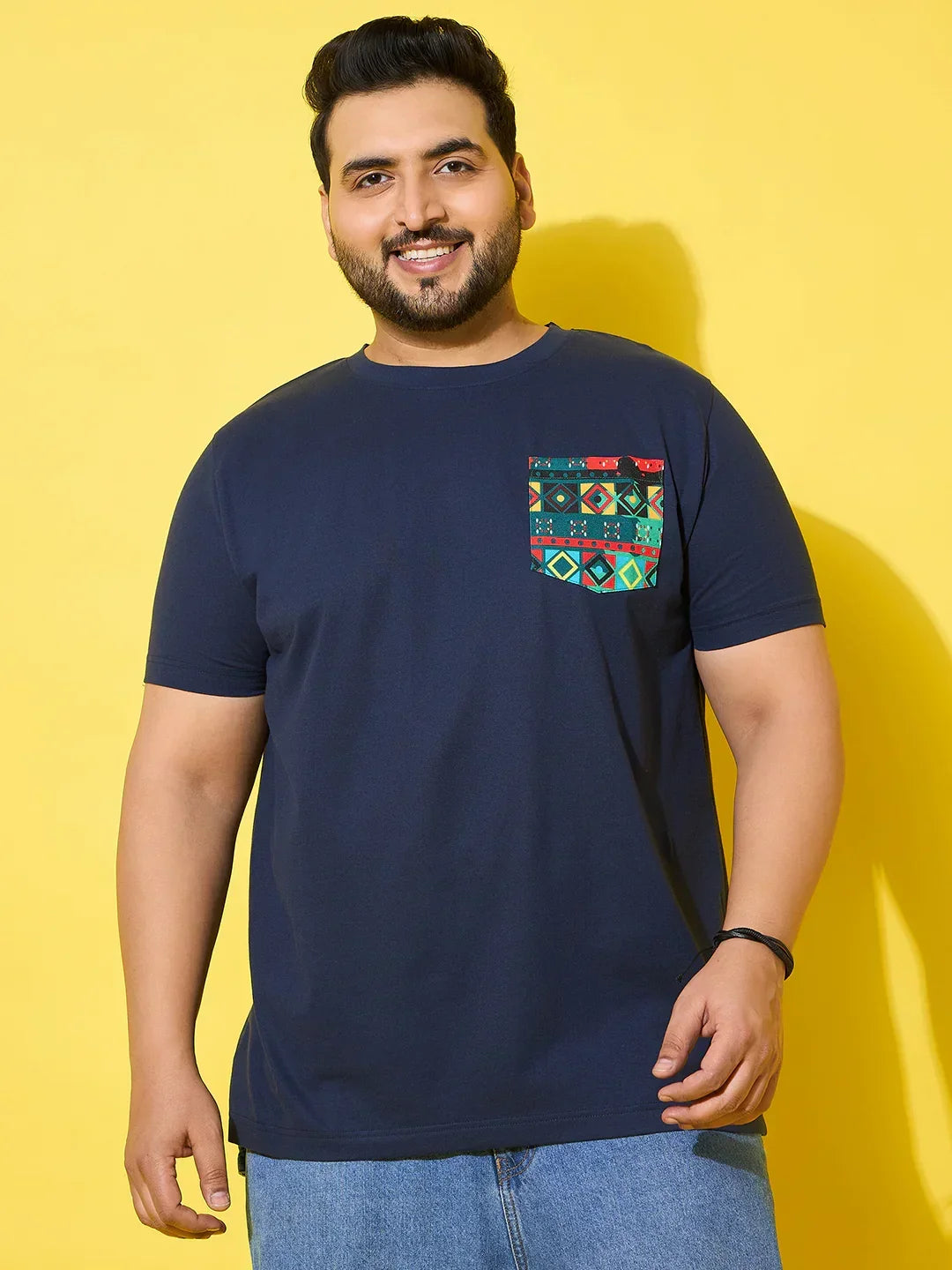 Men Plus Size Pouch Navy Printed Round Neck Tshirt