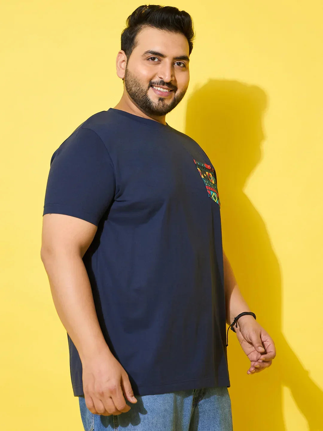Men Plus Size Pouch Navy Printed Round Neck Tshirt