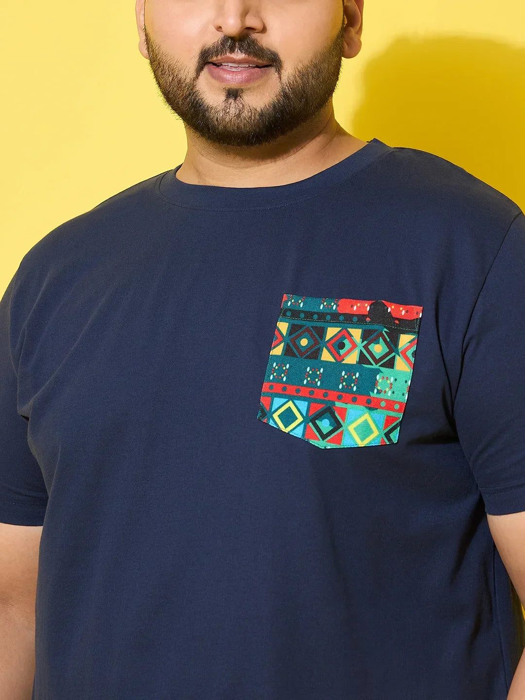 Men Plus Size Pouch Navy Printed Round Neck Tshirt