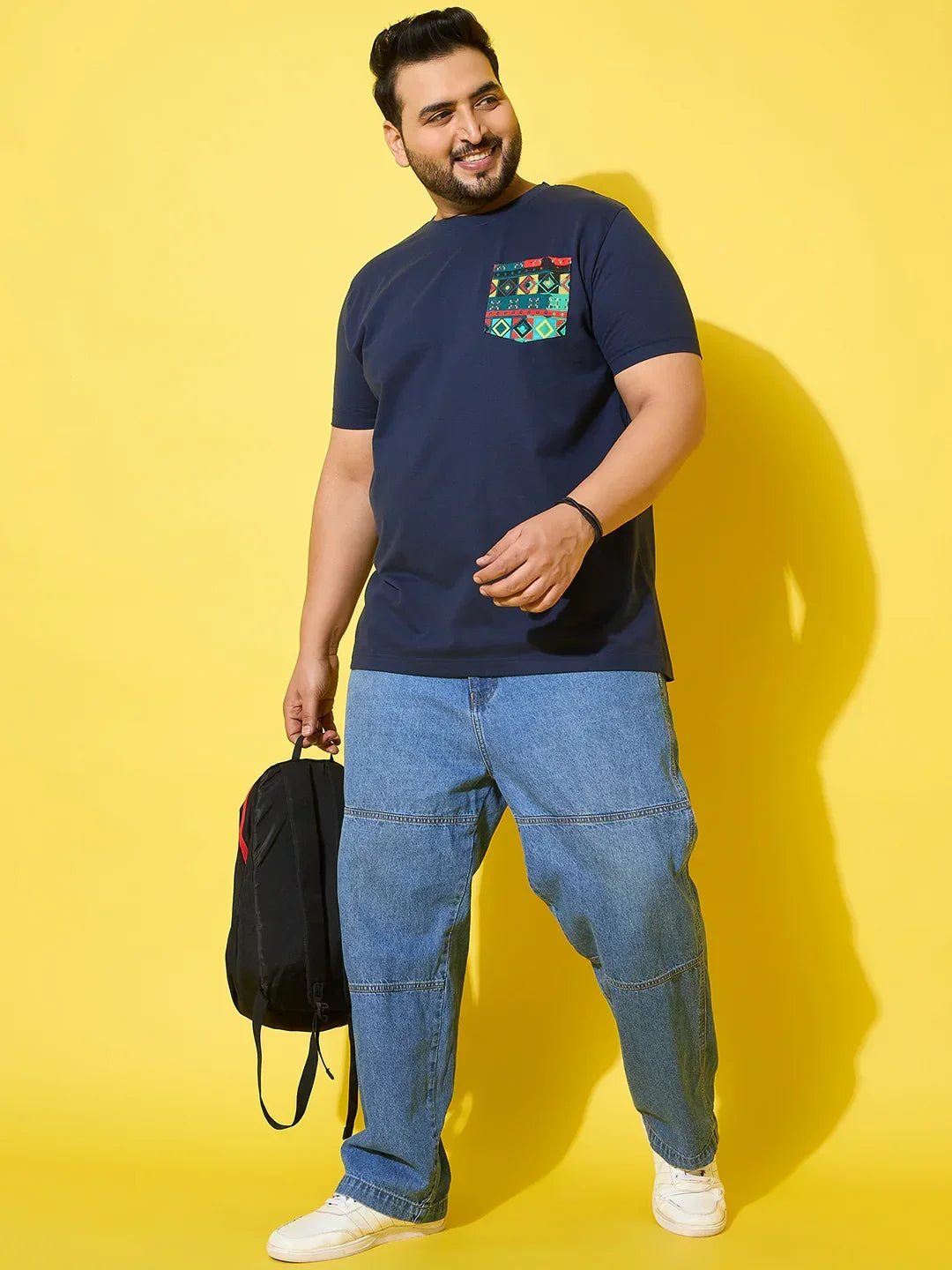 Men Plus Size Pouch Navy Printed Round Neck Tshirt