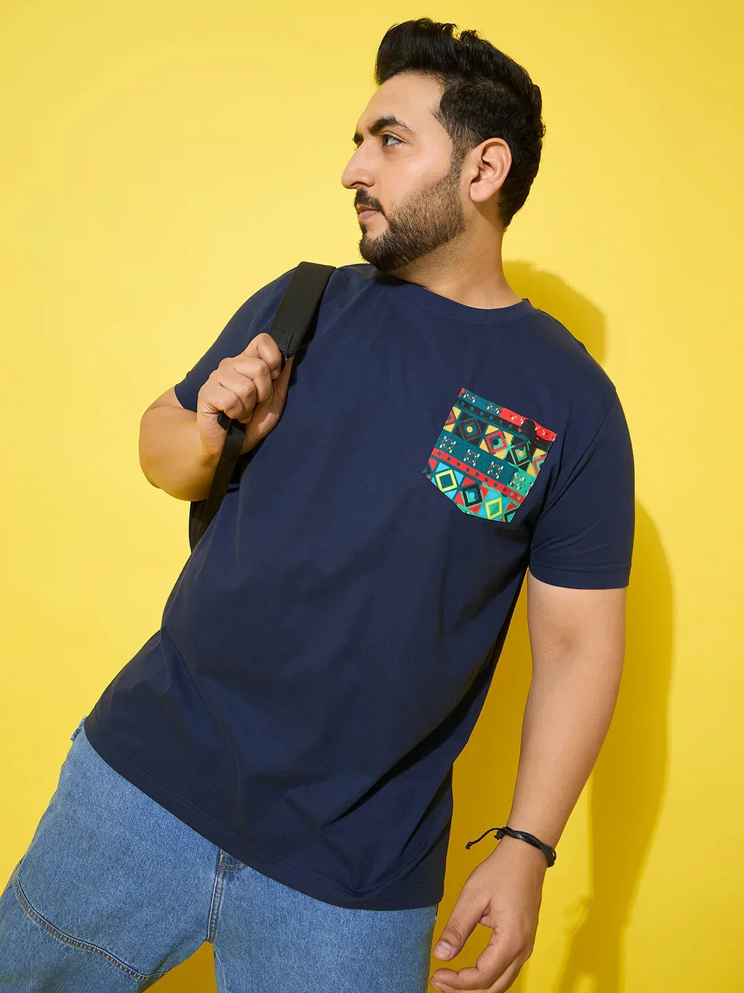 Men Plus Size Pouch Navy Printed Round Neck Tshirt
