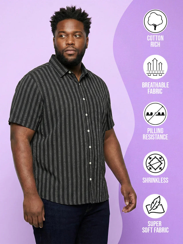 Men Plus Size Prep Black Striped Casual Shirt