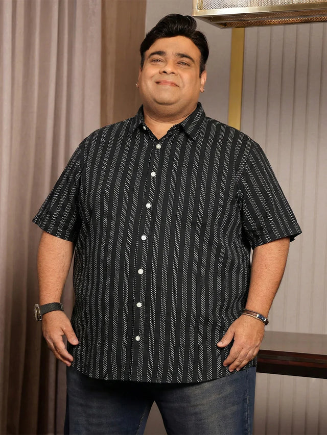 Men Plus Size Prep Black Striped Casual Shirt