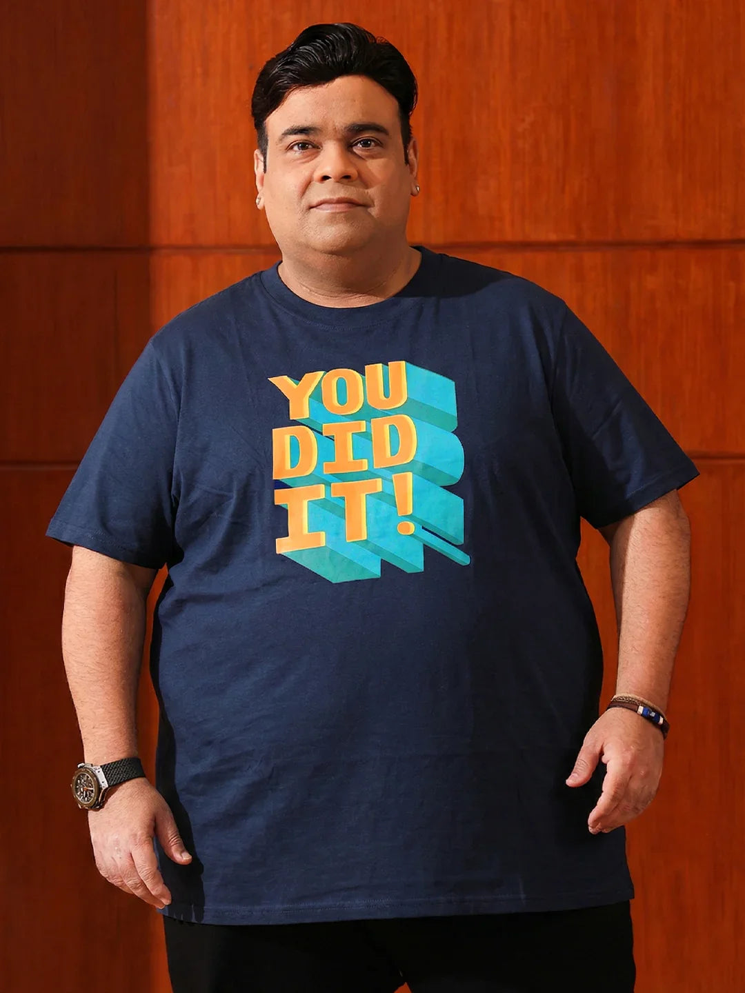 Men Plus Size Prevail Navy-Blue Printed Round Neck Tshirt