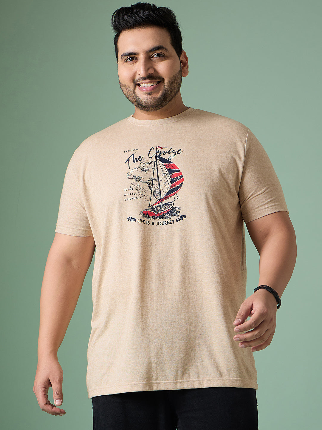 Men Plus Size Prisme Solid Beige Round Neck Tshirt - bigbanana