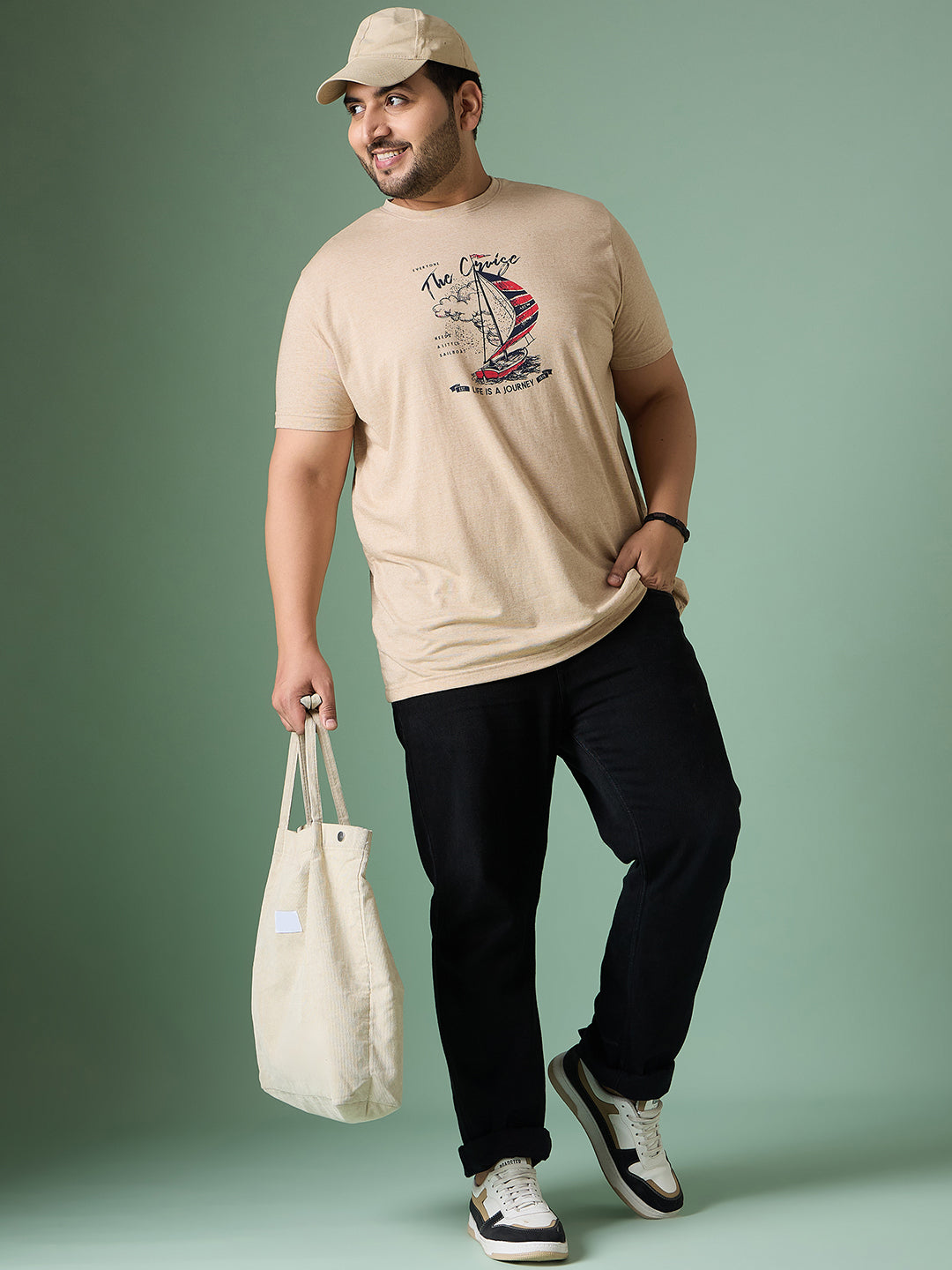 Men Plus Size Prisme Solid Beige Round Neck Tshirt - bigbanana